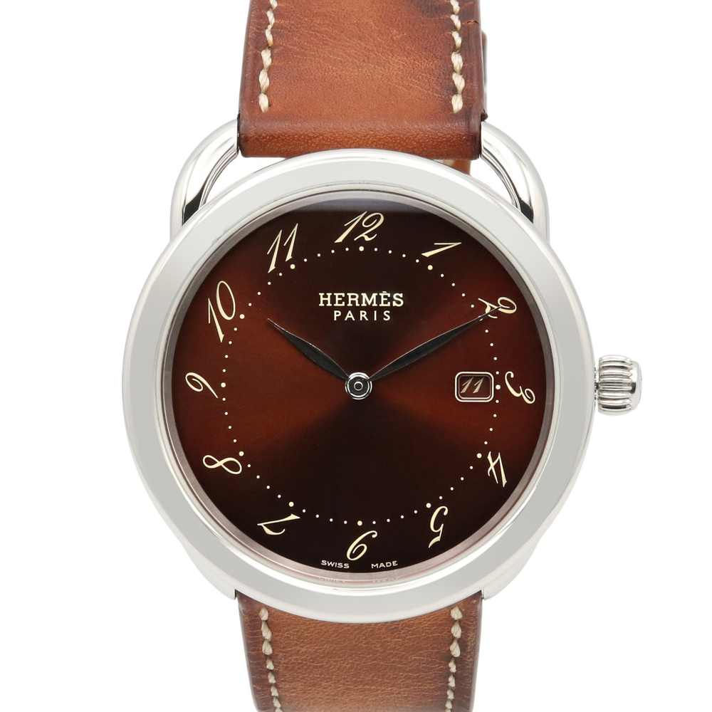 Hermes Arceau watch, stainless steel with leather strap, men's, brown, AR5.710